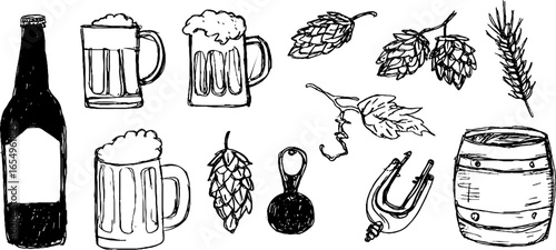 Black and white sketch collection of beer and brewing elements for design and decoration