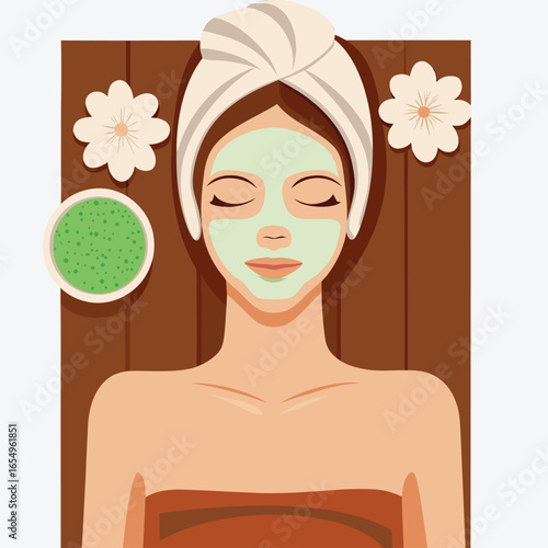 Relaxing Spa Day Woman with Face Mask Enjoying a Peaceful Treatment on a Wooden Lounger with Flowers