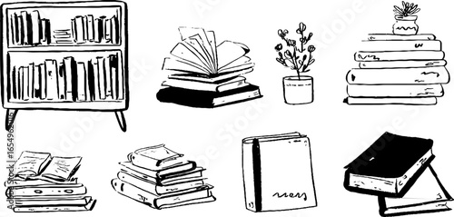 Black and white sketch illustration set of books with bookshelf and plant for decorative design