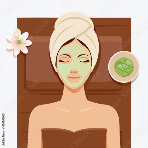 Relaxing Spa Day Woman with Face Mask Enjoying a Peaceful Treatment on a Wooden Lounger with Flowers