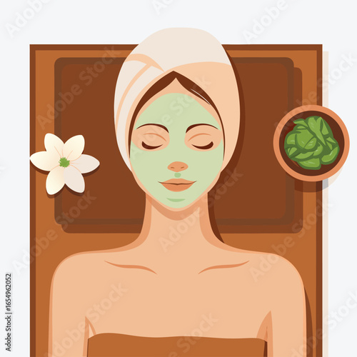 Relaxing Spa Day Woman with Face Mask Enjoying a Peaceful Treatment on a Wooden Lounger with Flowers