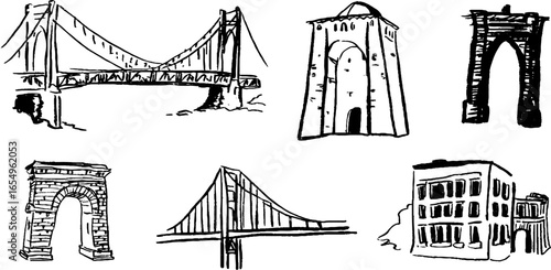 Black and white hand-drawn bridge sketches collection for architectural design