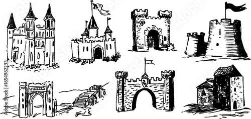 Black and white sketch illustration set of various castles and fortresses for historical design projects