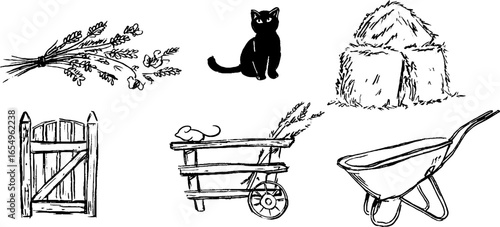 Black and white sketch set of cat hay bales wheelbarrow and farm tools