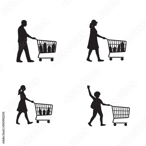 Shopping Cart with Man, Woman, Boy, Girl and Luggage  icon set vector design on white background.
