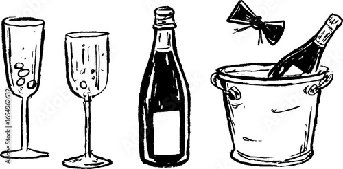 Elegant black and white sketch of champagne glasses and bottle with ice bucket for celebrations
