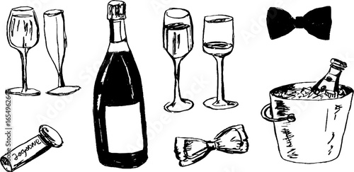 Black and white sketch collection of champagne elements for celebration design