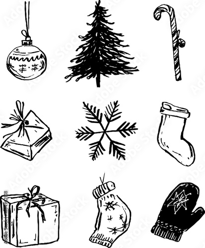 Hand-drawn christmas elements sketch set with ornaments and decorations