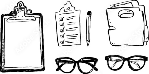 Hand drawn black and white office supplies set for creative design