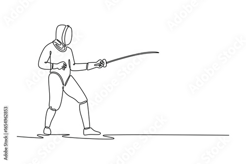 Continuous line drawing active fencer is poised in an "en garde" stance. Symbolizing strategic readiness and the disciplined art of the sport. Dynamic one line draw graphic design vector illustration