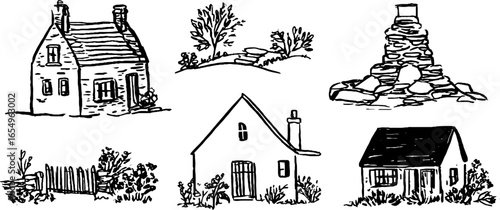 Rustic cottage collection in black and white sketch for design and decoration projects