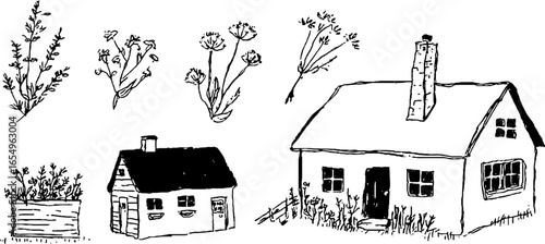 Hand drawn black and white cottage and floral sketch collection for design