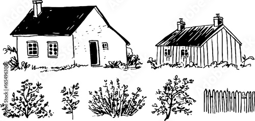 Hand drawn black and white cottage sketches with bushes and fence elements