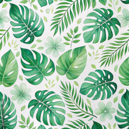 Seamless tropical pattern of green monstera and palm leaves with delicate floral accents, watercolor-style botanical illustration on light background.