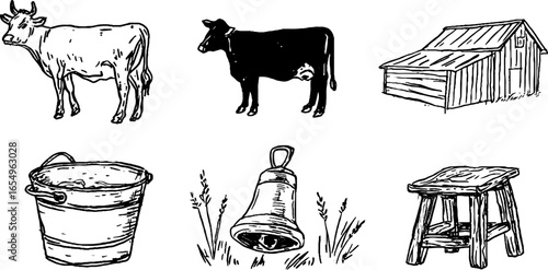 Vintage farm life sketch set featuring cows, barn, bell, bucket, and stool for rustic designs
