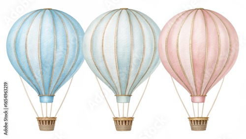 Three pastel vintage hot air balloons illustrated side by side in soft blue and pink tones.