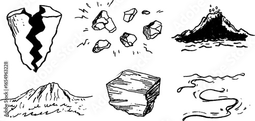 Black and white sketch collection of earthquake and geological elements for educational and design use