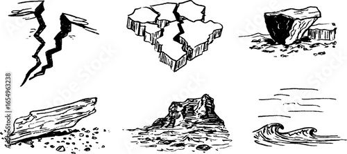 Hand drawn earthquake illustration set featuring cracks and waves for educational design