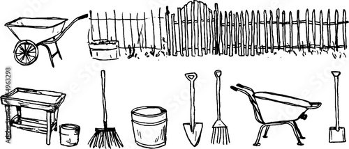 Hand-drawn black and white sketches of farm tools and fences for design and print