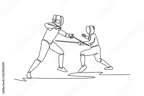 One line drawing features duel between two fencers, representing the sharp contrast between an aggressive attack and poised, strategic defense. Continuous line draw design graphic vector illustration