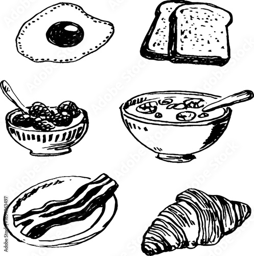 Black and white sketch set of classic fried breakfast elements