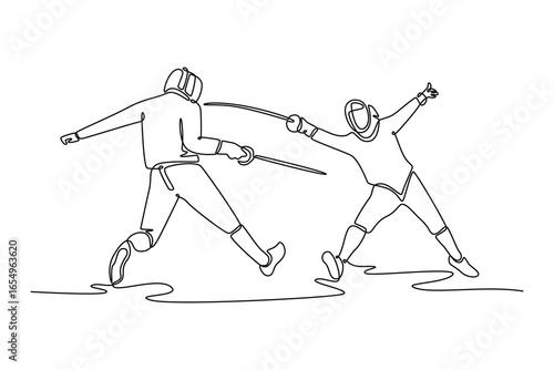 Single line drawing professional two fencers in a dynamic lunge and parry. Symbolizing the elegant movement and strategic skill of sport. Modern continuous line draw design graphic vector illustration