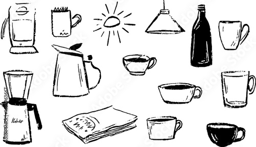 Black and white sketch collection of kitchen items with glare elements for design inspiration