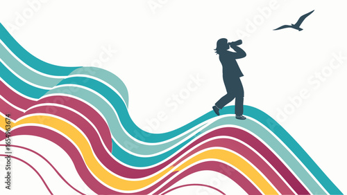 Silhouette of a person with binoculars on colorful wavy lines looking at a bird flying by
