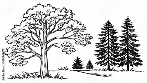 Monochrome Landscape Illustration with Deciduous Tree and Evergreen Trees in a Forest Setting Hand Drawn