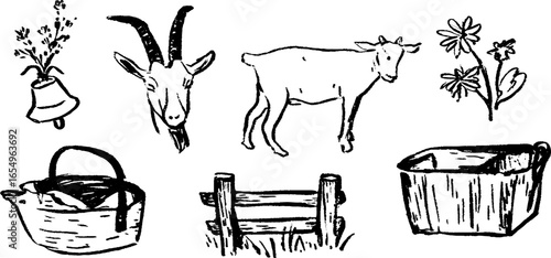 Rustic farm life sketch set featuring goats and nature elements
