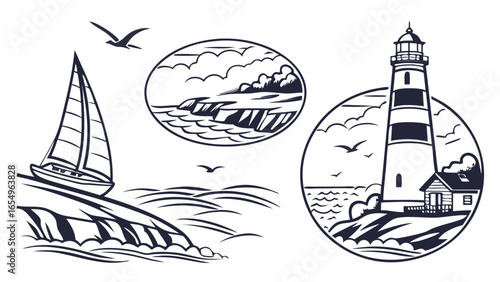 Nautical themed illustrations featuring a sailboat rocky coast and lighthouse with a house in a circular design