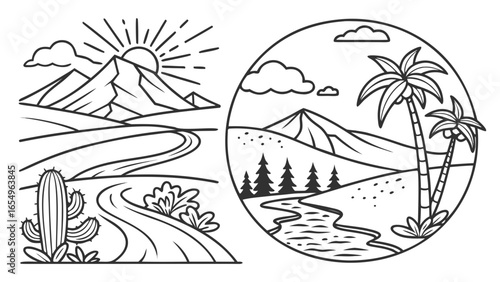 Two contrasting nature scenes in black and white line art style for coloring books or design elements