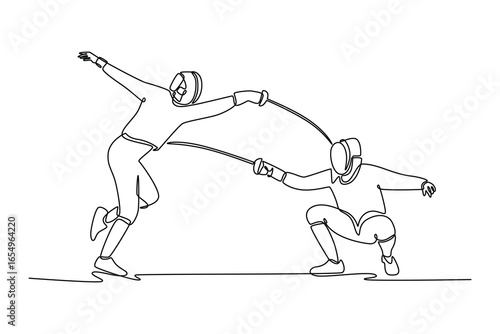 One line drawing features two fencers mid-duel, representing sharp contrast between an aggressive attack and a poised, strategic defense. Modern continuous line draw design graphic vector illustration
