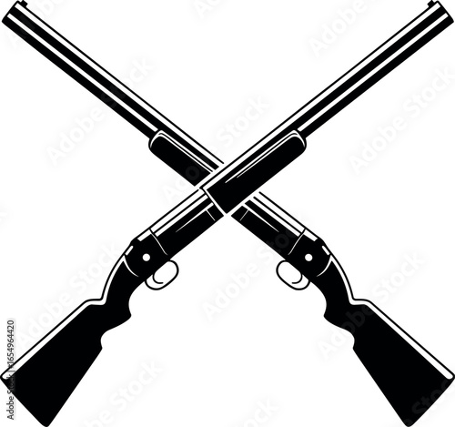 Two crossed hunting shotguns depicted in a bold black silhouette against a stark white background