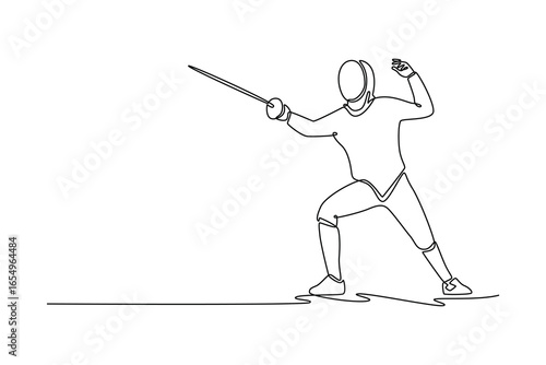 Continuous line drawing a fit fencer is poised for a dynamic attack. Symbolizing the strategic agility and mental readiness required for the sport. Single line draw design vector graphic illustration