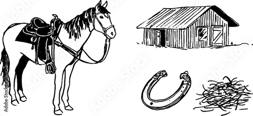 Black and white horse sketch collection with barn and horseshoe for rustic design