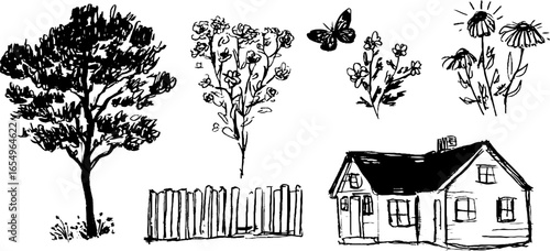 Black and white sketch collection of nature and house elements for design use