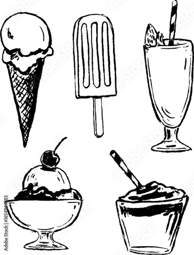 Black and white ice cream desserts sketch collection for design