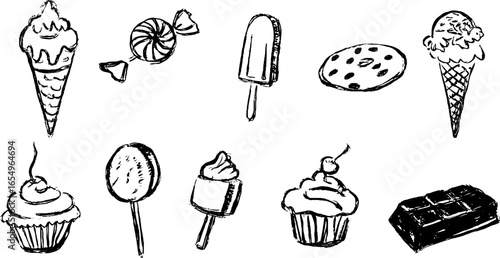 Black and white sketch set of ice cream and desserts for design and decor