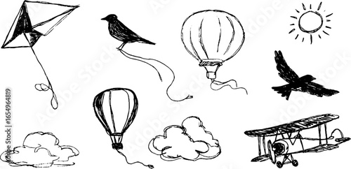 Black and white sketch set of kites, hot air balloons, clouds, planes, and birds