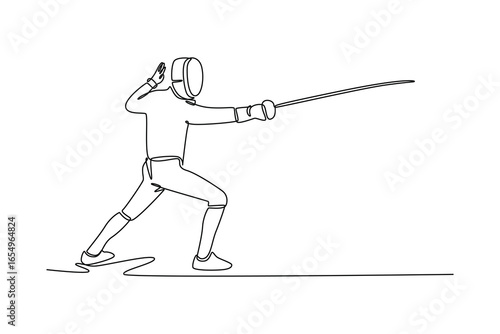 Single line drawing fencer holds their foil in ready pose. Symbolizing the strategic readiness and poised elegance of skilled swordsman. Modern continuous line draw design graphic vector illustration