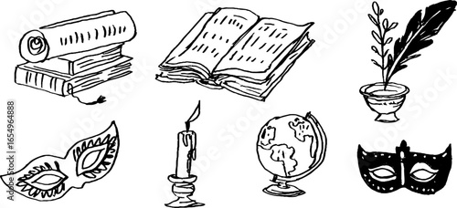 Vintage literary and cultural elements sketch collection for design projects
