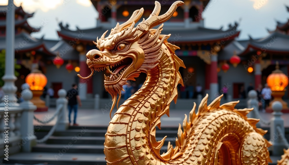 Fototapeta premium A vibrant and lively scene of an ornate gold dragon statue in an outdoor Asian style garden or park