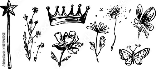 Whimsical magic sketch collection: wand, crown, fairy, butterfly, flowers for creative design