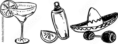 Black and white margarita sketch set with hat and shaker