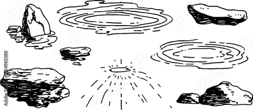 Hand drawn black and white sketch set featuring rocks and water ripples