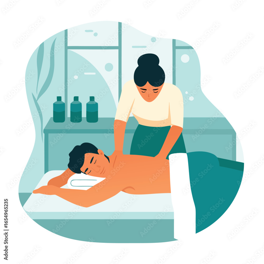 Obraz premium Relaxing Spa Day Themed Illustration Featuring a Woman Massaging a Man Lying on a Spa Bed in a Tranquil Spa Room