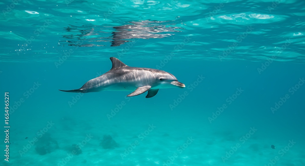 Fototapeta premium Dolphin swimming gracefully in clear turquoise ocean water near sandy seabed, creating a serene and captivating underwater scene.