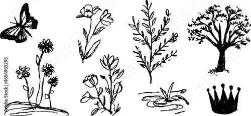 Hand drawn nature and fairy tale elements with nymph theme in black and white for design