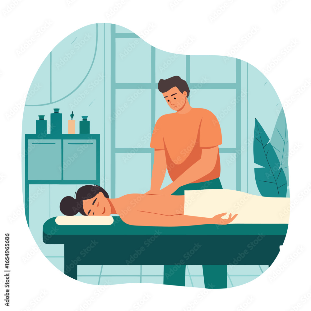 Obraz premium Relaxing Spa Day Illustration Woman Receiving Massage from Therapist in Tranquil Setting with Lotion Bottles and Serene Ambiance